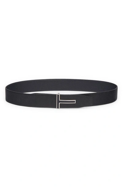 Tom Ford Logo Grained Leather Belt In Dark Navy