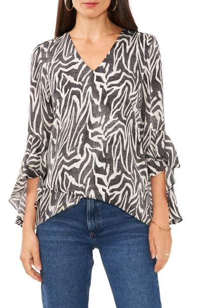 Vince Camuto Abstract Print Ruffle Sleeve Layered Top In Rich Black