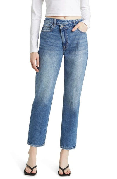 Hidden Jeans Crossover High Waist Straight Leg Jeans In Medium Dark Wash