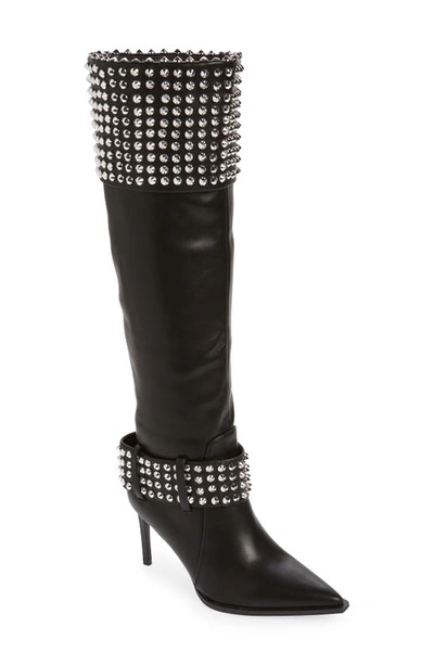 Azalea Wang Marlena Studded Pointed Toe Knee High Boot In Black