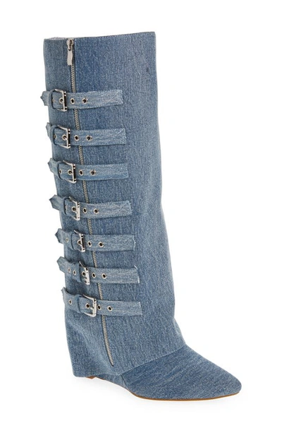 Azalea Wang Risna Belted Foldover Denim Pointed Toe Boot In Blue