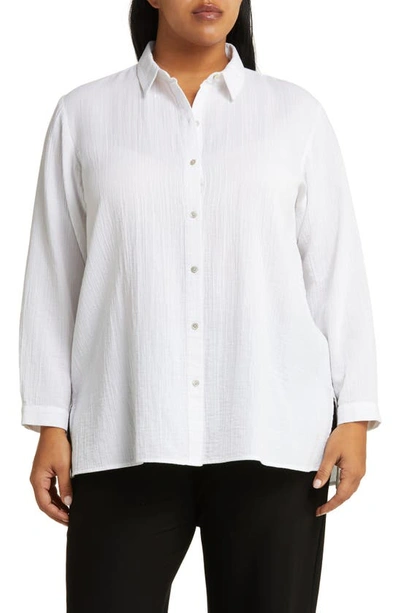 Eileen Fisher Classic Collar Easy Organic Cotton Button-up Shirt In White