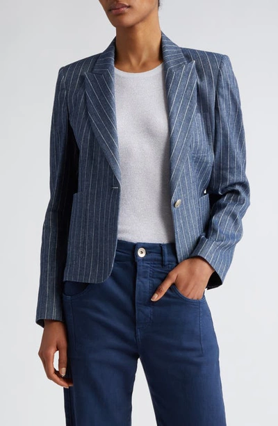 Eleventy Pinstripe Crop Linen & Cotton Blend Blazer In Blue