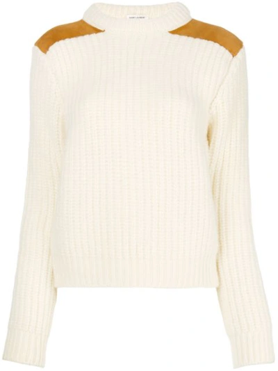 Saint Laurent Suede-trimmed Wool-blend Sweater In White