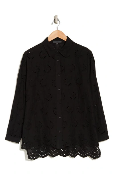 Adrianna Papell Eyelet Button-up Shirt In Black