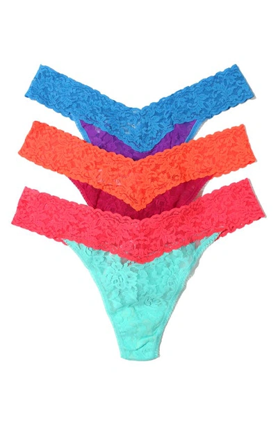 Hanky Panky Stretch Lace Thong Panties In Teal/ Red/ Purple