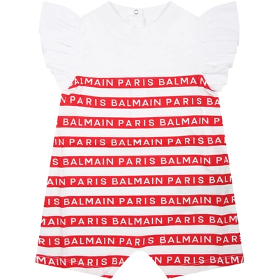 Balmain White Romper For Baby Girl With Red Stripes And Logo