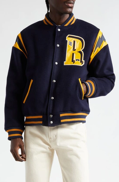 Rhude American Spirit Wool Blend Varsity Jacket In Navy
