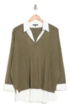 Adrianna Papell Twofer Pullover Sweater In Oak Olive/ Ivory
