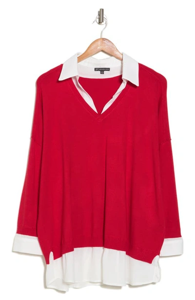 Adrianna Papell Twofer Pullover Sweater In Passion Red/ Ivory