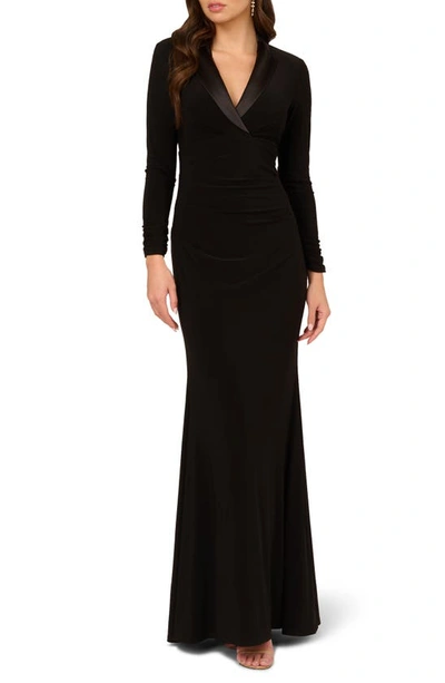 Adrianna Papell Long Sleeve Tuxedo Mermaid Gown In Black