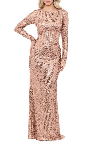 Sequin Corset Bodice Gown with Ruched Hip and High Slit Gold main image 1