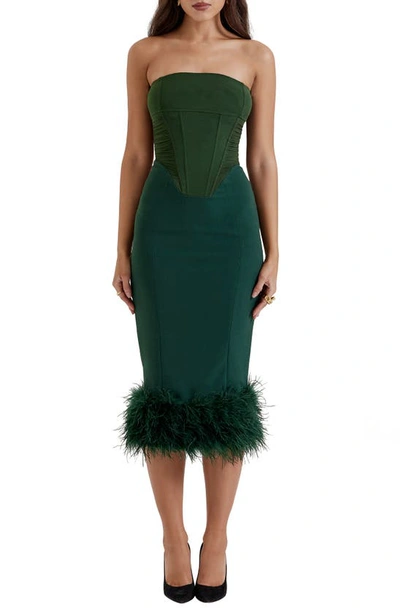 House Of Cb Fionula Strapless Feather Hem Midi Dress In Emerald Green