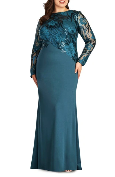 Tadashi Shoji Sequin Floral Jacquard Long Sleeve Gown In Eclipse