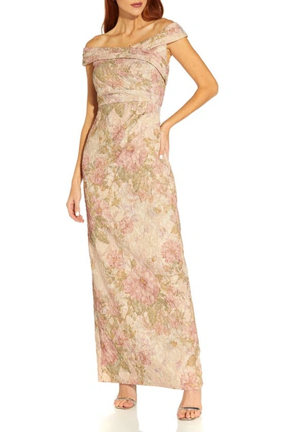 Adrianna Papell Off The Shoulder Matelassé Gown In Rose Multi