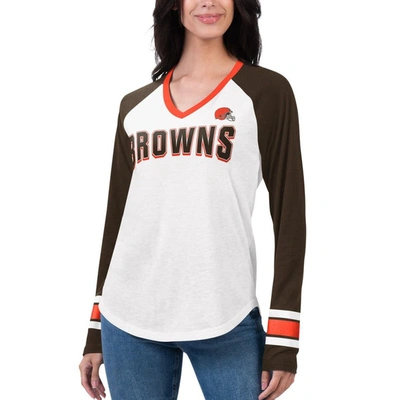 G-iii 4her By Carl Banks Women's  White, Brown Cleveland Browns Top Team Raglan V-neck Long Sleeve T- In White,brown