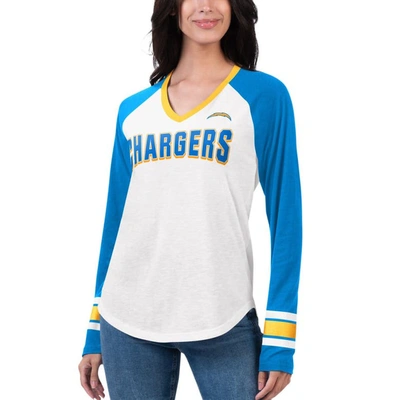 G-iii 4her By Carl Banks White/powder Blue Los Angeles Chargers Top Team Raglan V-neck Long Sleeve T In White,powder Blue