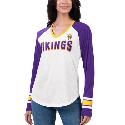 G-iii 4her By Carl Banks White/purple Minnesota Vikings Top Team Raglan V-neck Long Sleeve T-shirt