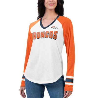 G-iii 4her By Carl Banks White/orange Denver Broncos Top Team Raglan V-neck Long Sleeve T-shirt