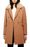 Topshop Naomi Faux Fur Collar Coat In Camel