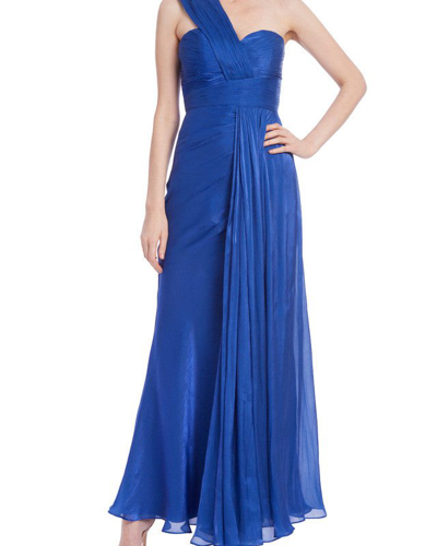 Badgley Mischka Pleated One-shoulder Draped Gown In Blue