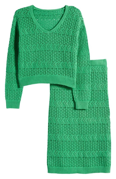 Freshman Kids' Open Stitch Sweater & Skirt Set In Leafy Green