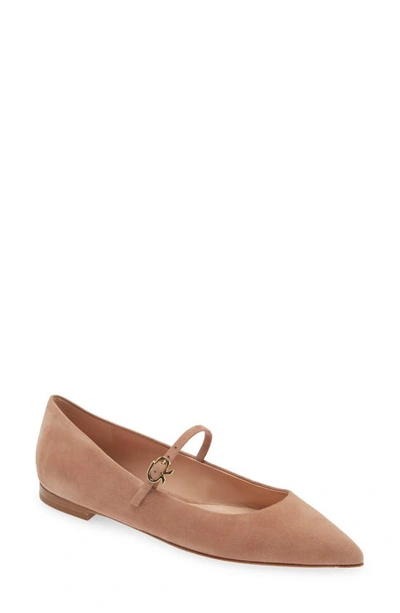 Gianvito Rossi Ribbon Pointed Toe Mary Jane Ballet Flat In Praline