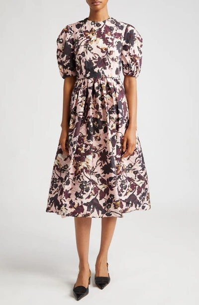 Erdem Floral Print Pleated Taffeta A-line Midi Dress In Shell Pink