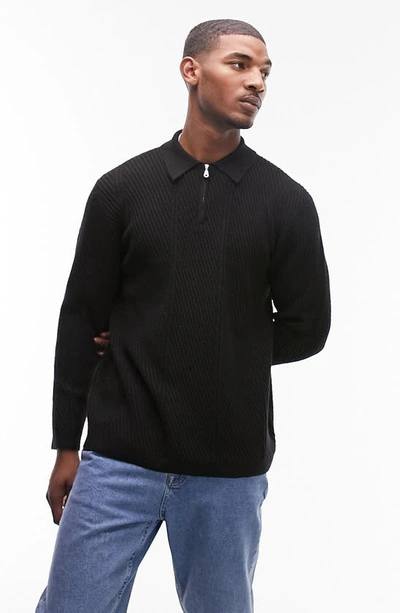 Topman Textured Zip Polo Sweater In Black