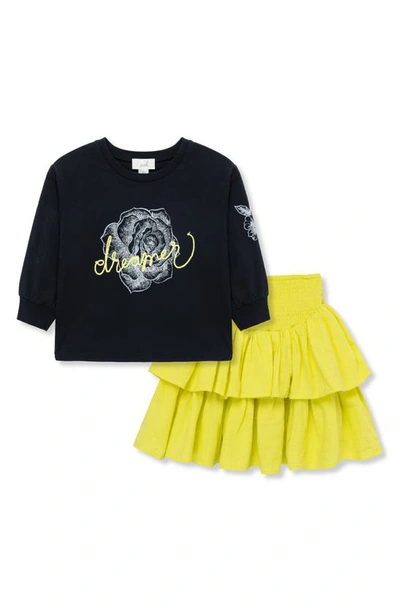 Peek Aren't You Curious Kids' Long Sleeve Cotton Graphic T-shirt & Tiered Skirt Set In Black