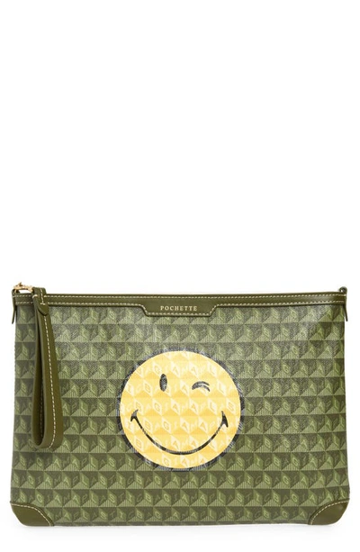 Anya Hindmarch Smiley® I Am A Plastic Bag Wink Recycled Coated Canvas Zip Pouch In Fern/ Olive