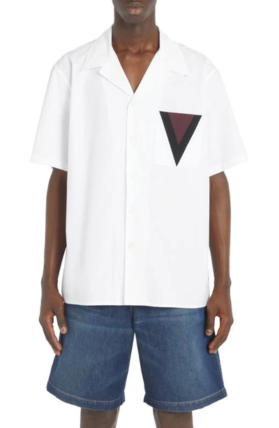 Valentino Logo Patch Cotton Poplin Camp Shirt In White