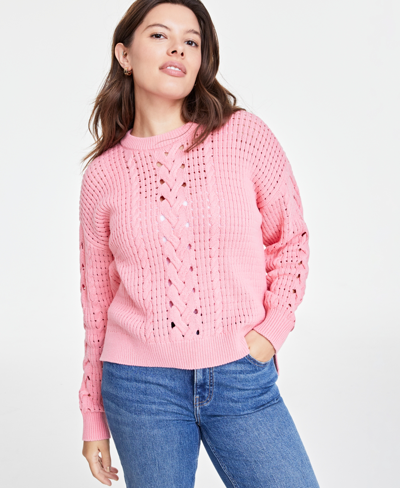 On 34th Plus Size Crewneck Spring Cotton-blend Cable-knit Sweater, Created For Macy's In Salmon Rose