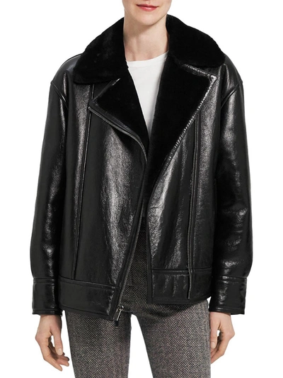 Theory Womens Leather Shearling Lined Motorcycle Jacket In Multi