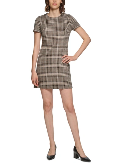 Calvin Klein Petites Womens Jacquard Plaid Sheath Dress In Beige