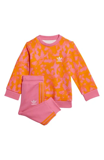 Adidas Originals Kids' Splash Print Sweatshirt & Joggers Set In Bright Orange/ Pink Fusion