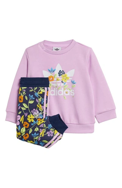 Adidas Originals Kids' Lifestyle Floral Crewneck Sweatshirt & Joggers Set In Bliss Lilac