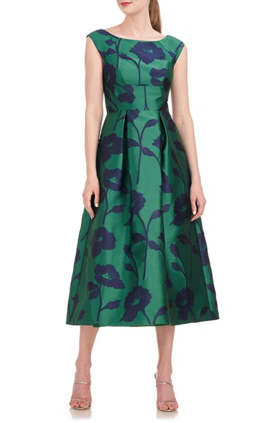 Kay Unger Jenni Floral Jacquard A-line Dress In Emerald Navy