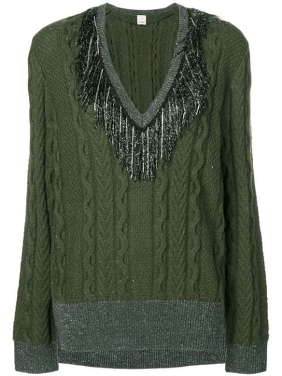 Pinko Tinsel Fringe Cable Knit Sweater In Green