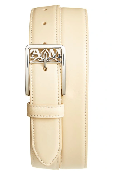 Alexander Mcqueen Seal Buckle Leather Belt In Beige