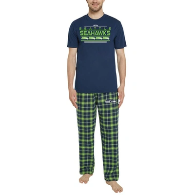 Concepts Sport Men's  Navy, Neon Green Seattle Seahawks Arctic T-shirt And Flannel Pants Sleep Set In Navy,neon Green