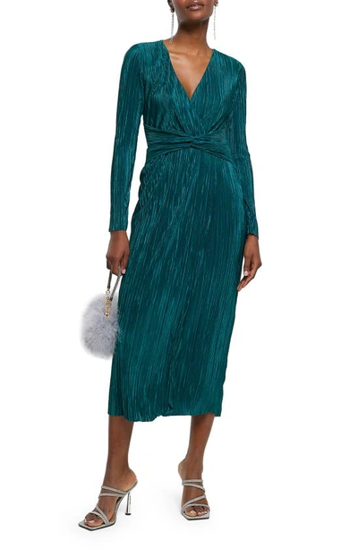 River Island Pleated Twist Long Sleeve Midi Dress In Green