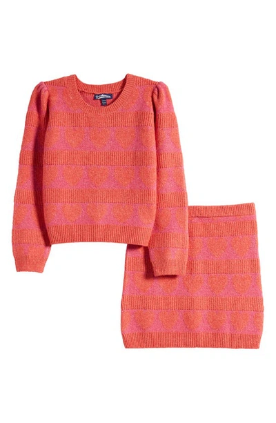 Freshman Kids' Heart Stripe Sweater & Skirt Set In Light Red