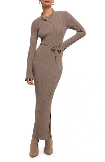 River Island Long Sleeve Variegated Rib Knit Dress In Beige