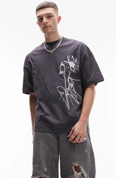 Topman Embroidered Premium Oversize Graphic T-shirt In Charcoal