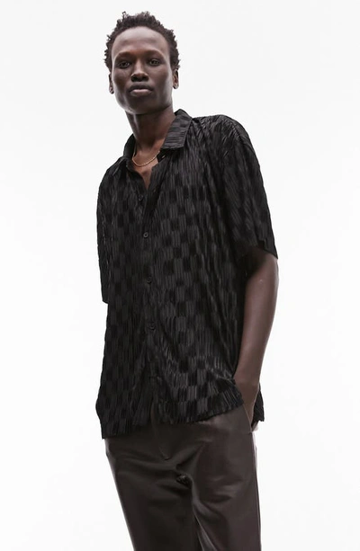 Topman Textured Check Oversize Short Sleeve Button-up Shirt In Black