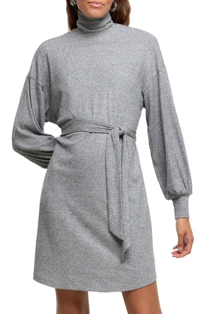 River Island Turtleneck Long Sleeve Thermal Knit Dress In Grey