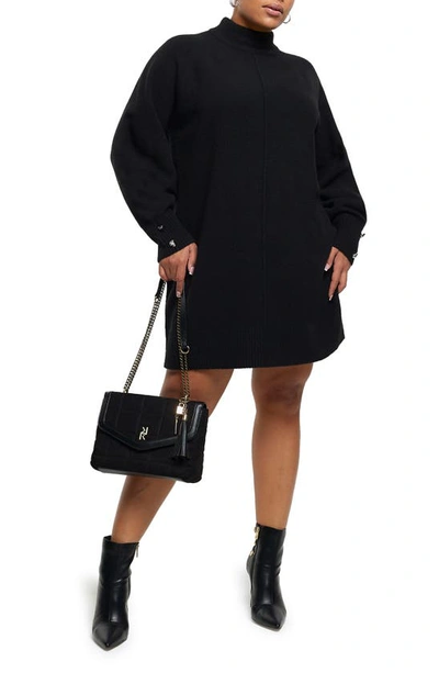 River Island Cosy Button Detail Long Sleeve Jumper Dress In Black