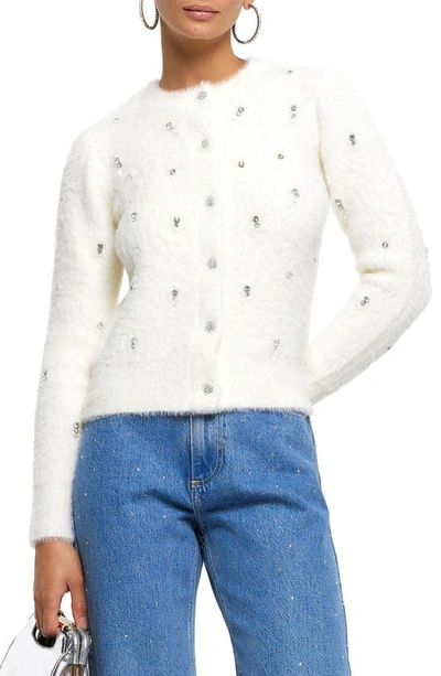 River Island Crystal Embellished Fluff Cardigan In Cream