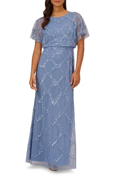 Adrianna Papell Beaded Flutter Sleeve Sheath Gown In French Blue